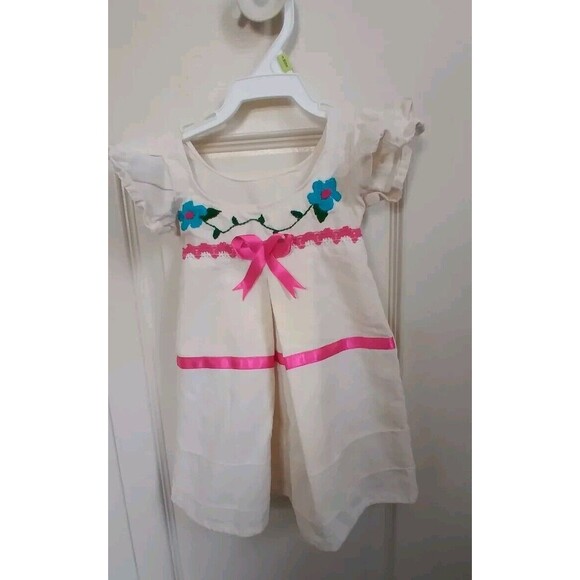 Handmade Baby Girls Boho Dress Embroidered Bow Ivory Size 3-9 Months - Picture 2 of 10